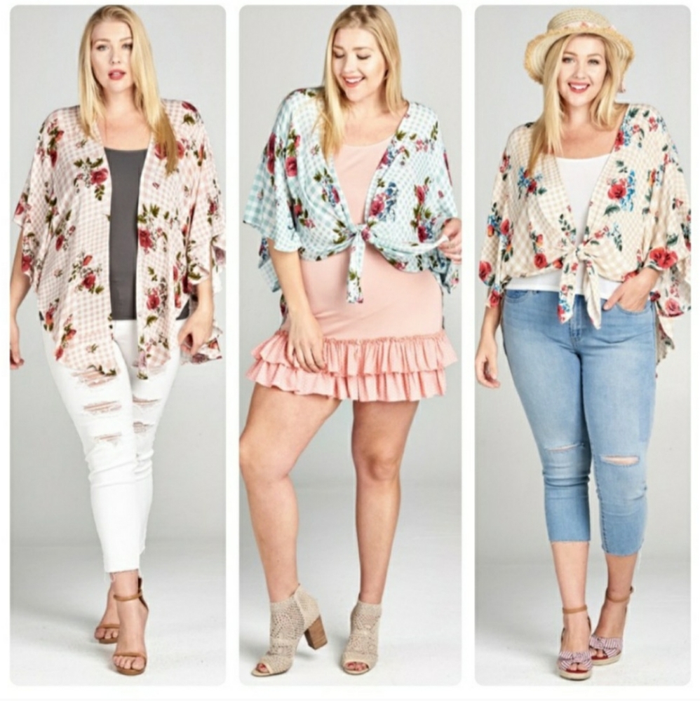 Plus size floral checked kimono